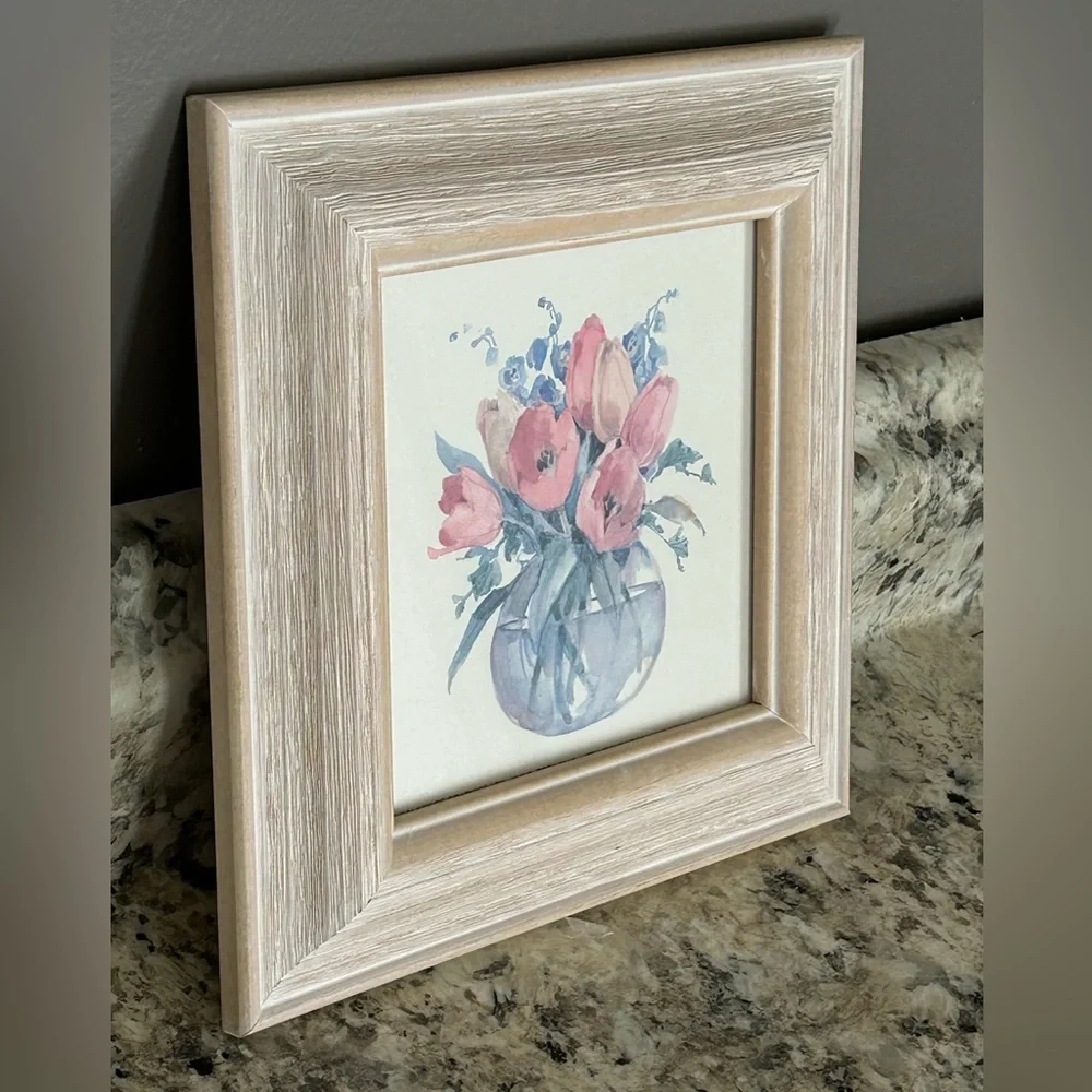 NWT Decorative Framed Watercolor Flowers Vase Whitewashed Wooden Frame 8”X 8”